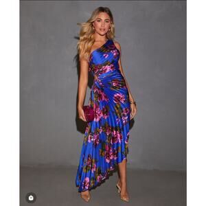 NWT Floral Print One Shoulder Asymmetrical Maxi Dress Size Medium Purple Blue